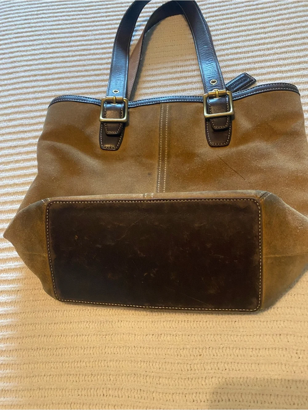 Coach Brown Suede Tote with Dark Brown Leather Straps and Brass Hardware